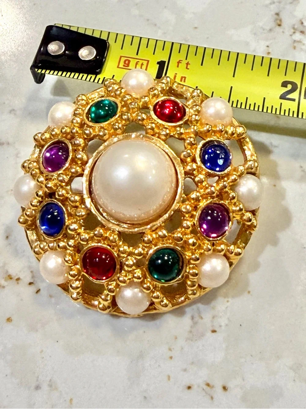 Gold-Tone Multicolor Cabochon & Pearl Cluster Brooch